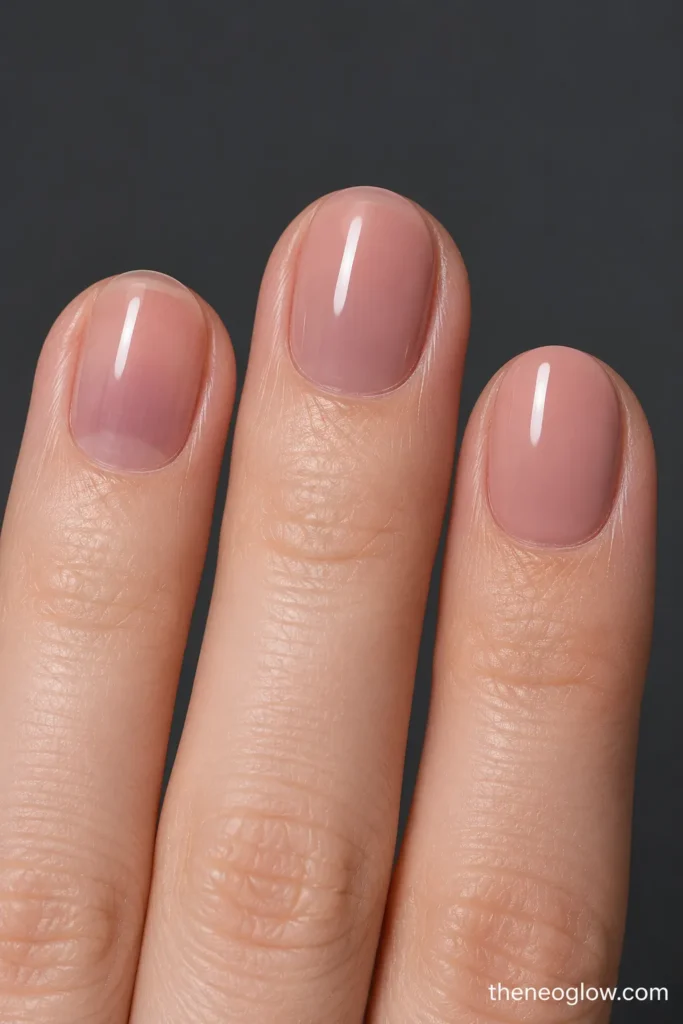 Three fair-skinned fingertips showing the same rosy beige nude polish in sheer, semi-sheer, and opaque finishes.