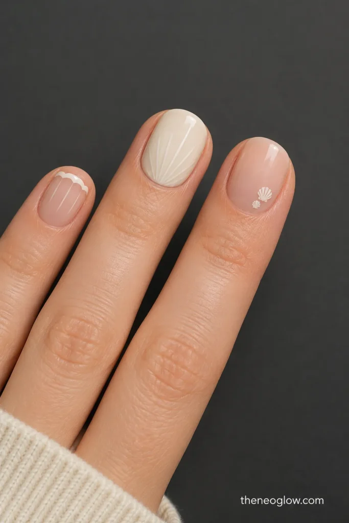 Close-up of an ivory shell-edge tip, tonal shell lines, and two miniature shell decals on glossy pale nails.