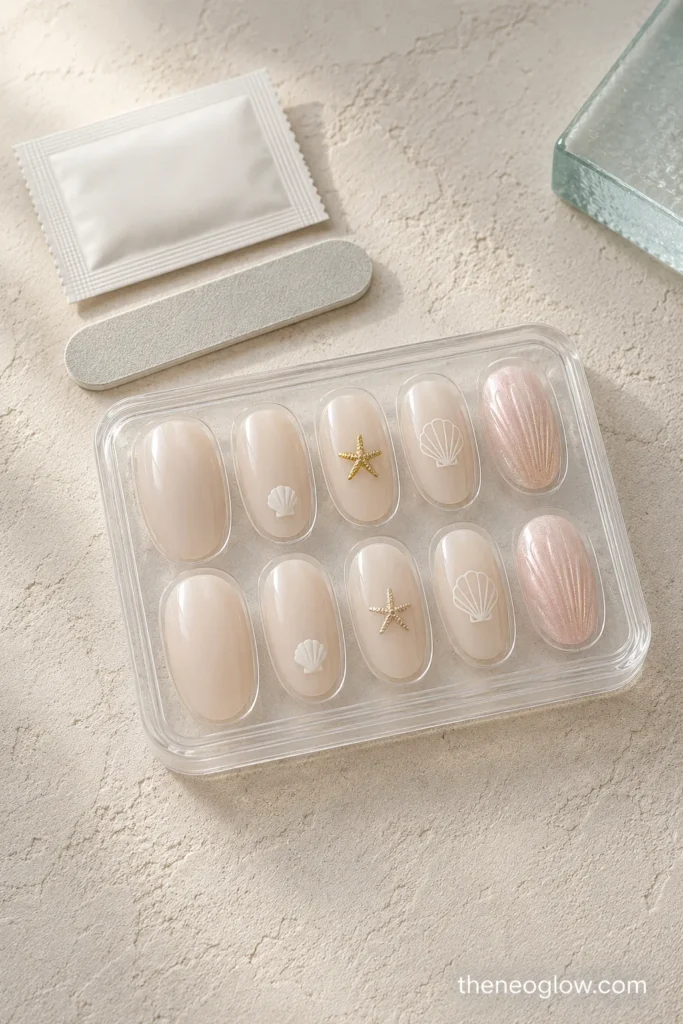 Short milky-nude press-on nails with a shell decal, gold starfish, shell outline, and low-profile pearly ridge. seashell nails.