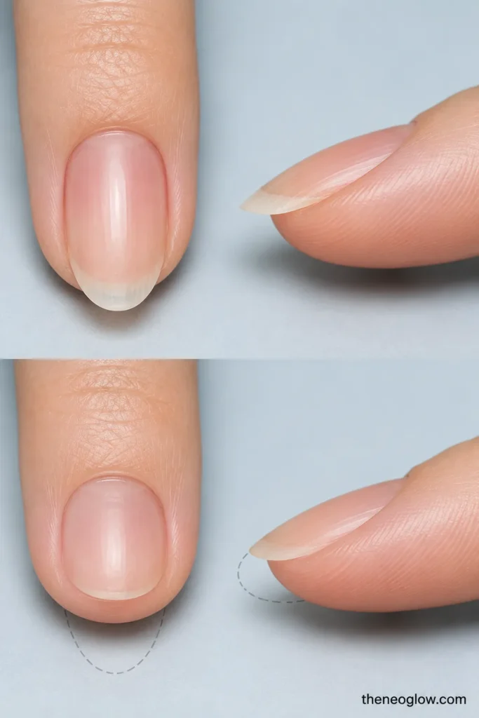Top-down and side-profile macros compare a viable short almond with a very short nail kept oval to preserve its sidewalls.
