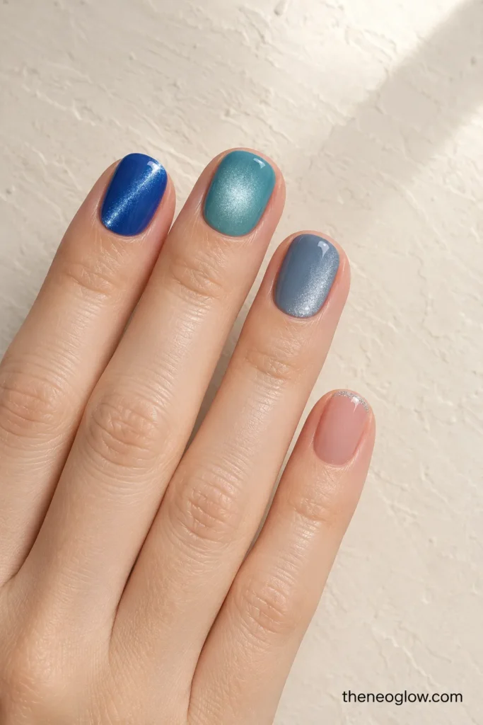 Short squoval nails showing a diagonal beam, compact halo, side sweep, and silver magnetic micro French tip.