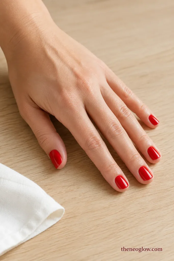 Glossy cherry-red cream polish on very short squoval nails with clean cuticle lines on light-medium skin.