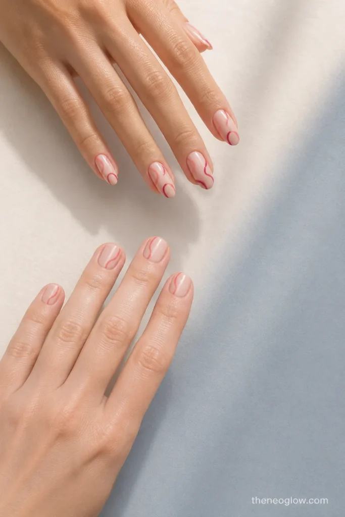 Pearly milky-pink short ovals beside muted lavender-beige almond nails with a soft satin-chrome finish. matching best friend nails.