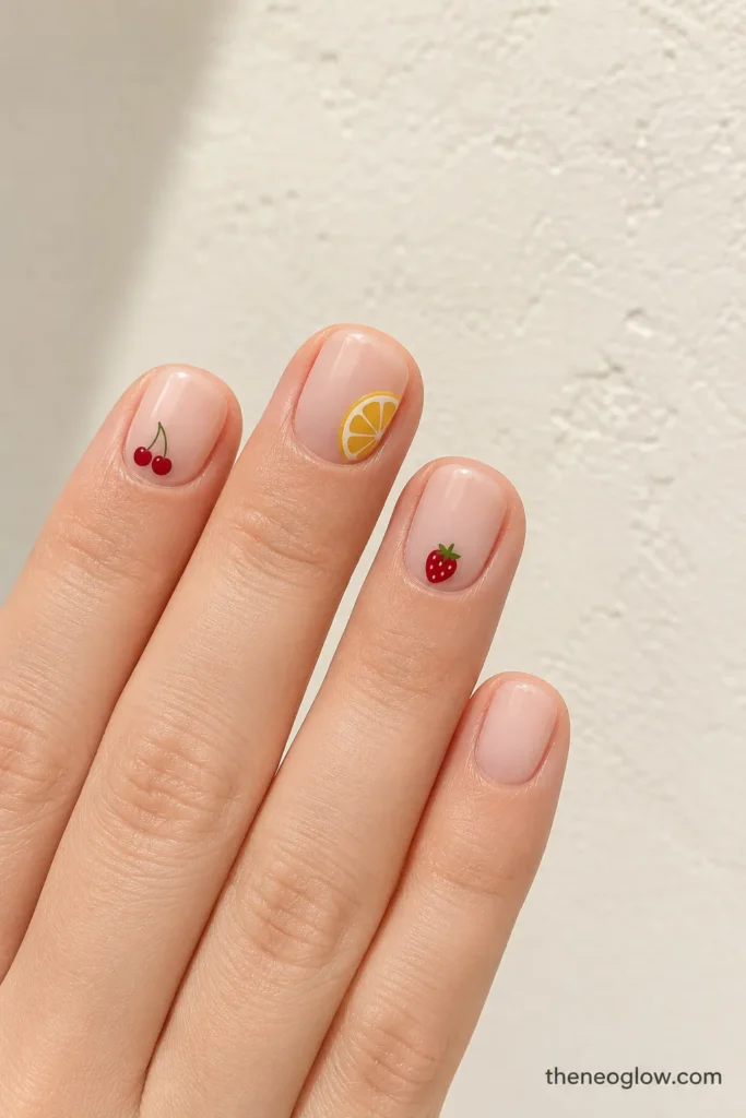 Genuinely short milky-pink nails with tiny cherry, lemon, and strawberry accents placed near the nail edges.