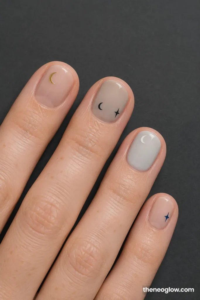 Very short squoval nails with a gold cuticle crescent, black moon and star, white crescent, and tiny navy star.