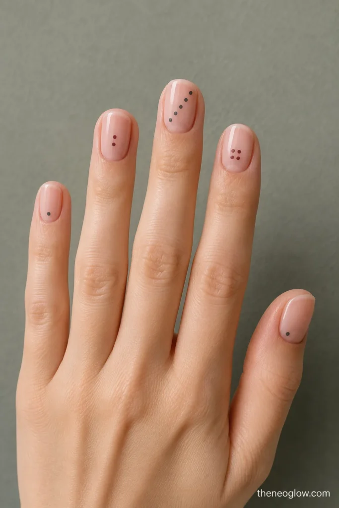 Short rosy squoval nails with an offset dot, a vertical dot pair, a diagonal micro-dot trail, and a small tonal grid.