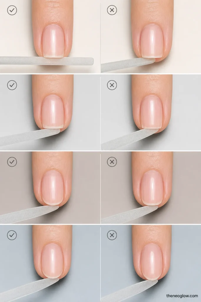 Four macro panels show correct file positions for square, squoval, oval, and almond short nails. best nail shape for short nails.