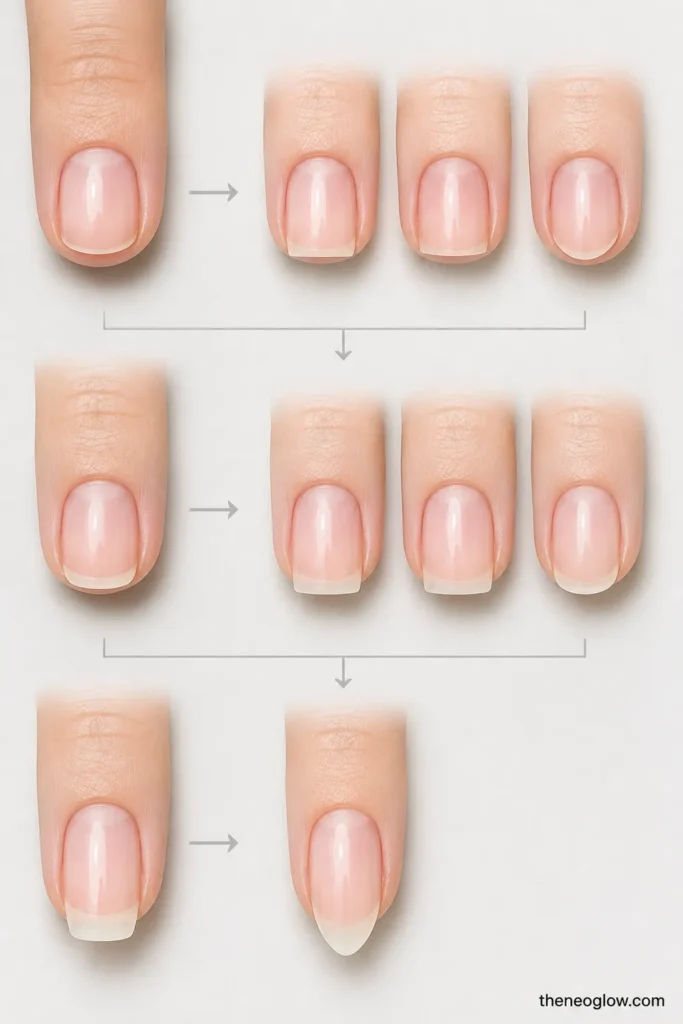 A text-free vertical decision diagram pairs increasing free-edge length with square, squoval, oval, and almond options.