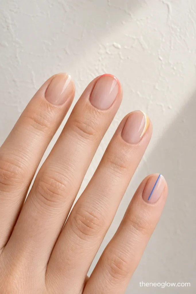 Short soft-almond nails with peach jelly, coral French, a yellow side tip, and a cobalt center line.