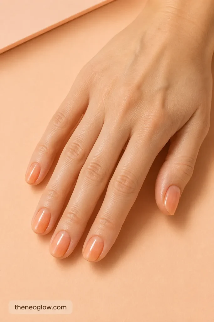 Short oval peach jelly nails with translucent high shine on a light warm-neutral hand over soft peach paper.