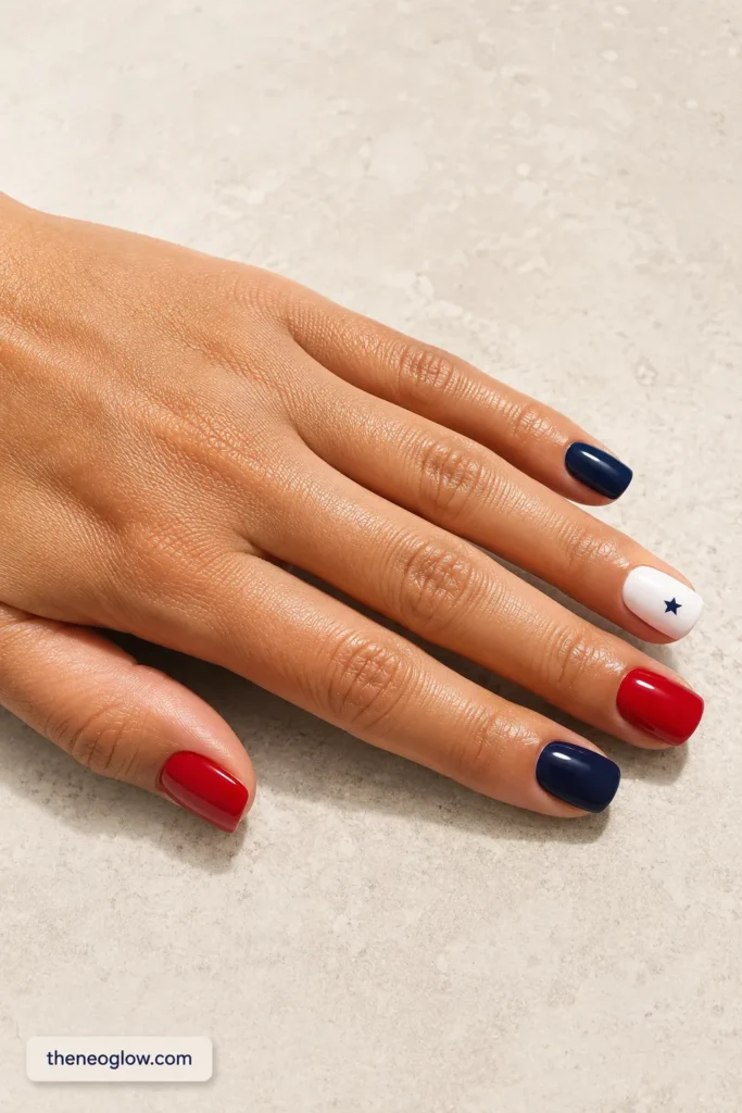 Short squoval red and navy press-on nails with one milky star accent on a tan hand.