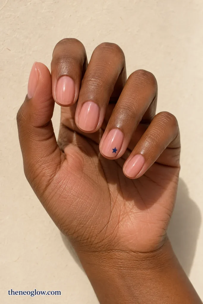 Short oval sheer pink nails with one tiny navy star accent on a deep brown hand.
