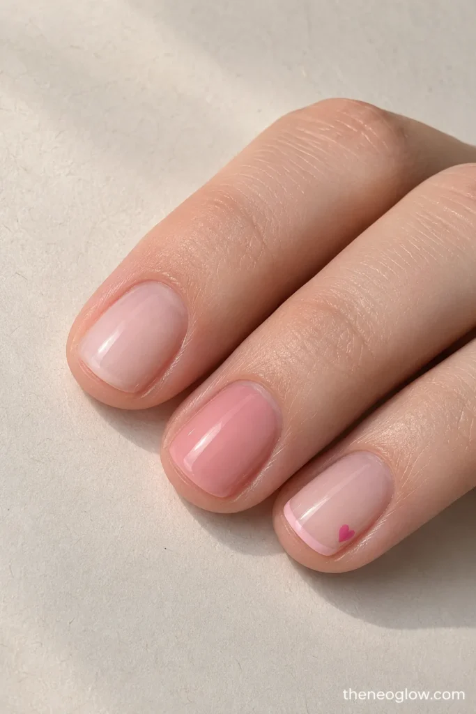 Genuinely short squoval nails with milky pink, glossy blush, a baby-pink micro tip, and minimal pink placement.