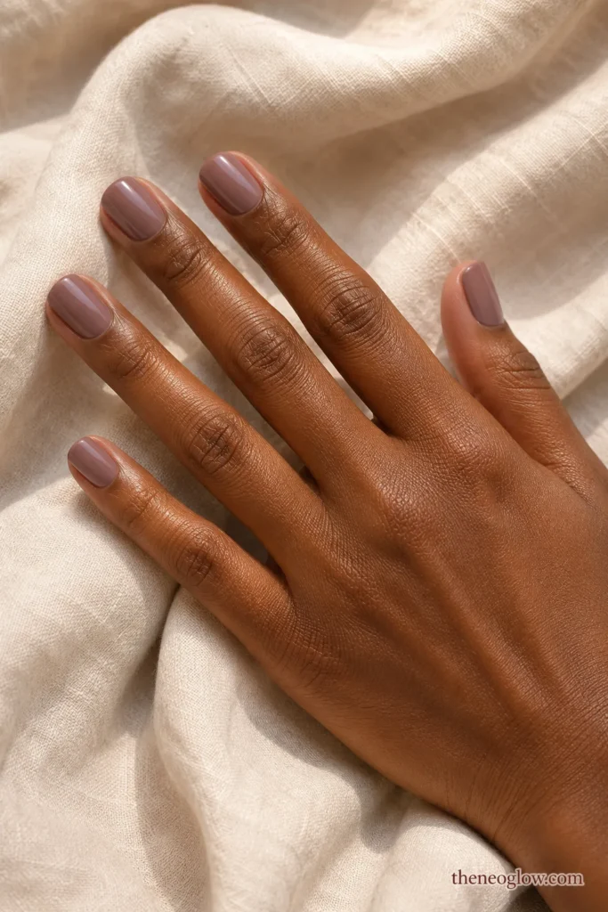 Short squoval rosy taupe nails with a glossy cream finish on deep brown skin over softly folded ivory linen.
