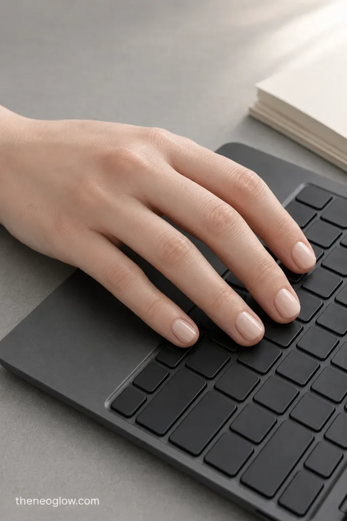 Very short milky-beige squoval nails typing on a dark laptop keyboard at a classroom desk. teacher nails .