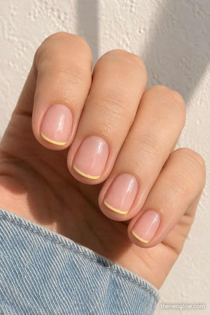 Short natural squoval nails with a sheer pink-beige base and ultra-thin butter-yellow French tips.