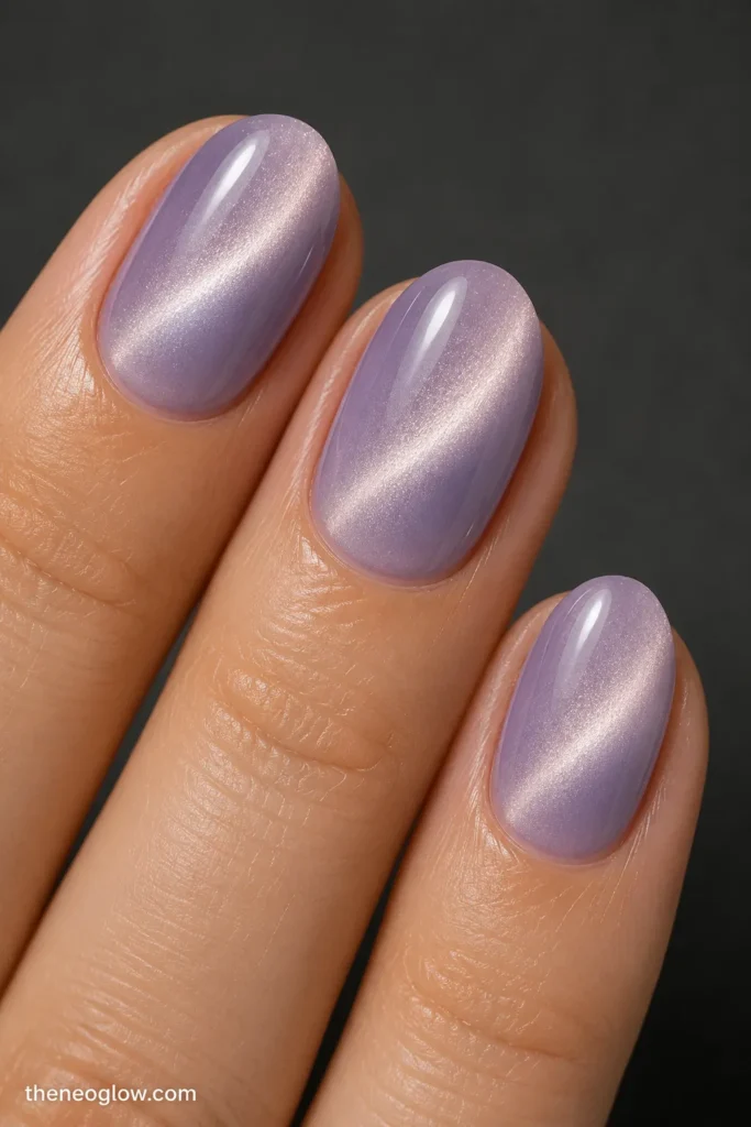 Three medium oval nails with cool lilac magnetic polish and soft diagonal silver light beams.