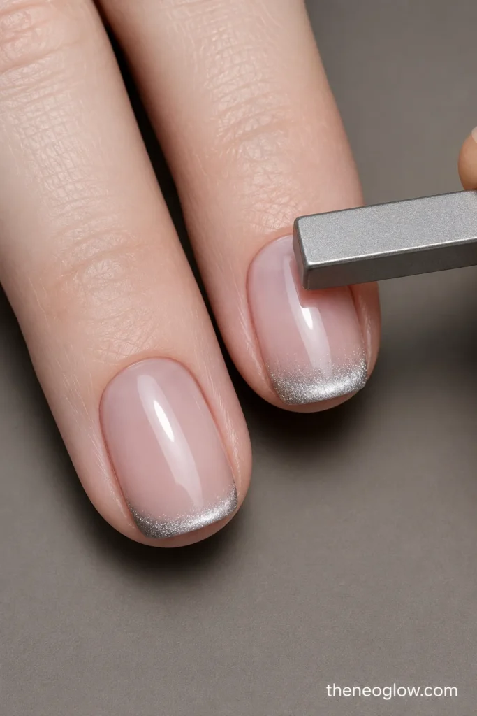 Rectangular magnet held above a shallow silver magnetic French tip on short soft-square nails.