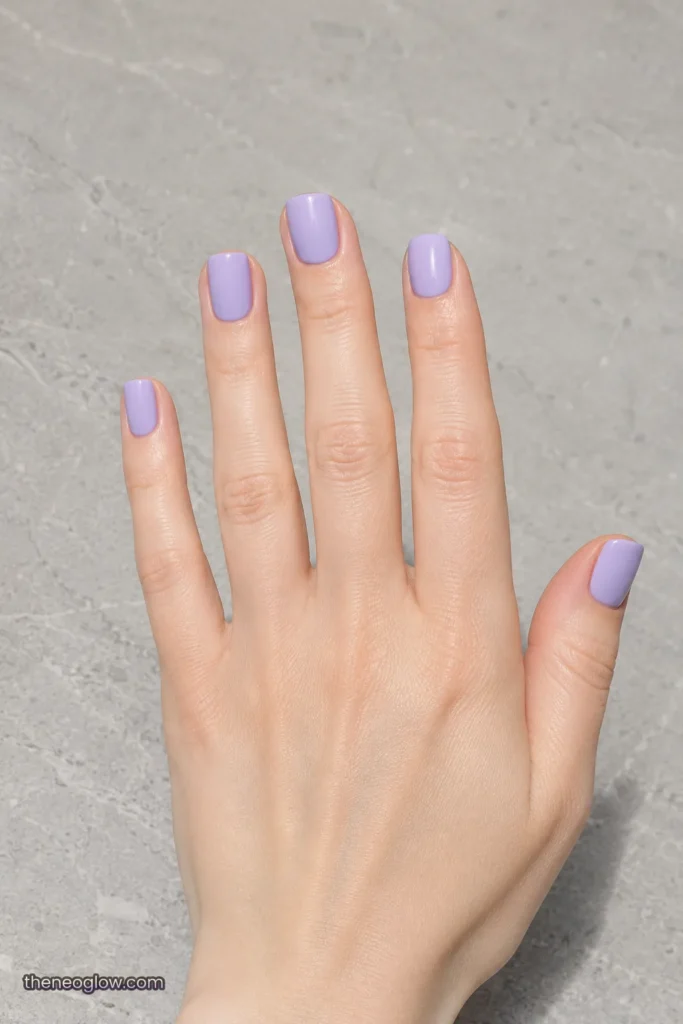 Short square soft lavender nails with an opaque glossy cream finish on fair skin against light gray stone.