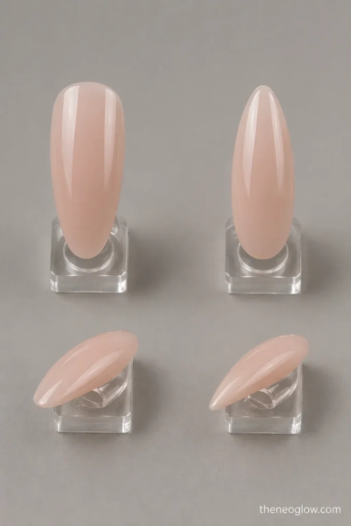 Nude almond nail specimens comparing wider rounded tips with slimmer tapered tips. almond summer nails.