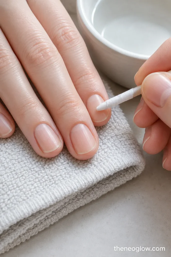 A cotton-wrapped wooden stick lifting loose residue from the nail plate beside a warm-water bowl.