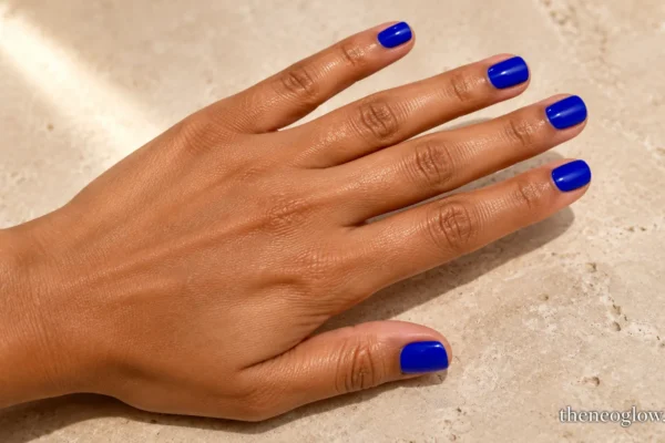 Short square cobalt-blue nails with a glossy cream finish on a warm medium-brown hand against beige stone.
