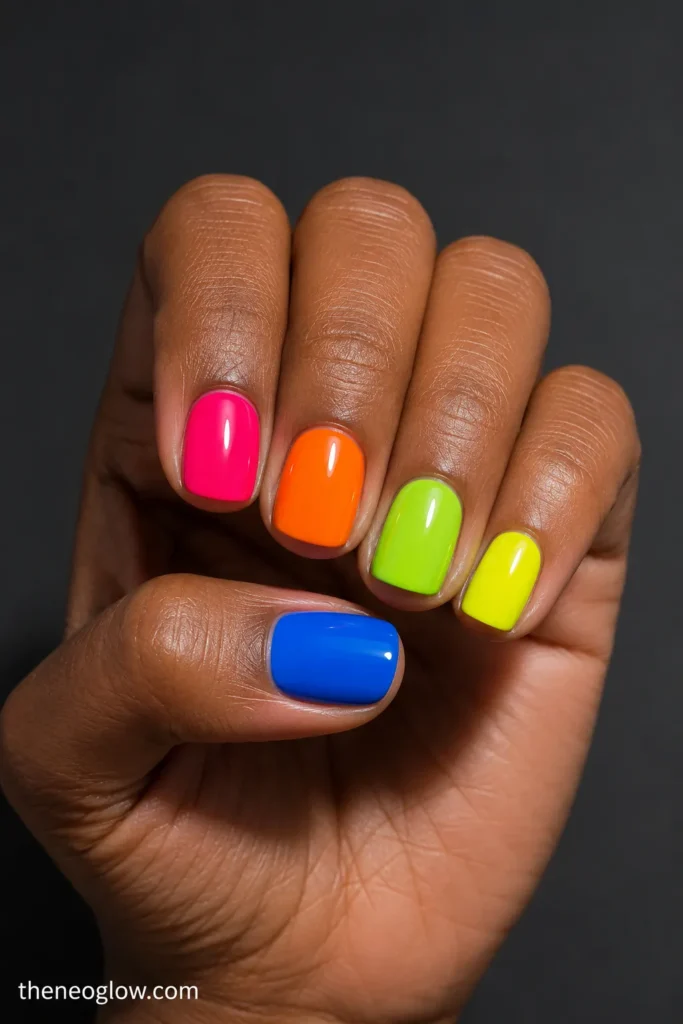 Short squoval nails in glossy fluorescent pink, orange, citron yellow, lime, and electric blue.