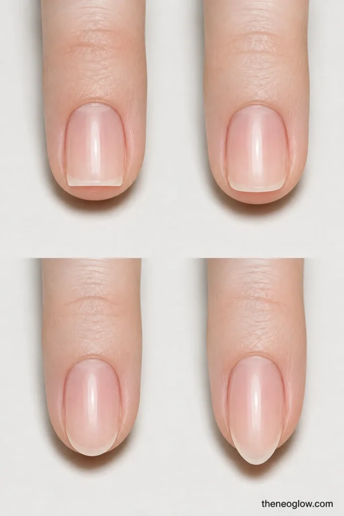 Four aligned fingertips compare square, squoval, oval, and almond free edges with the same sheer pink finish