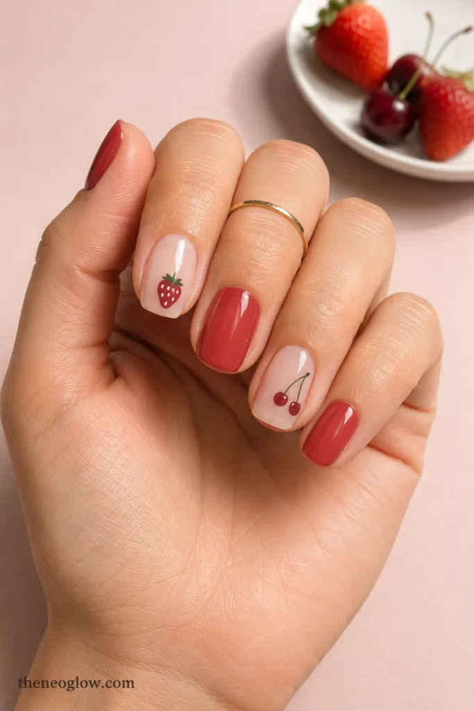 Coordinated strawberry-red manicure with one miniature strawberry and one small cherry-pair accent.