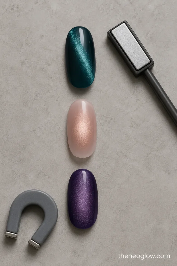 Three oval practice nails comparing a teal magnetic stripe, rose-gold center halo, and violet velvet finish.