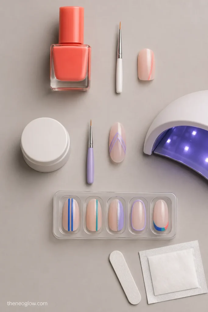 Regular polish, gel tools, and striped press-on nails arranged in three distinct text-free groups. striped summer nails .