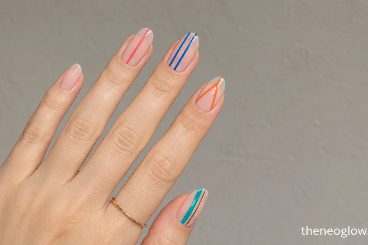 Glossy almond nails with coral, cobalt, orange, aqua, and metallic striped designs over a sheer nude base.