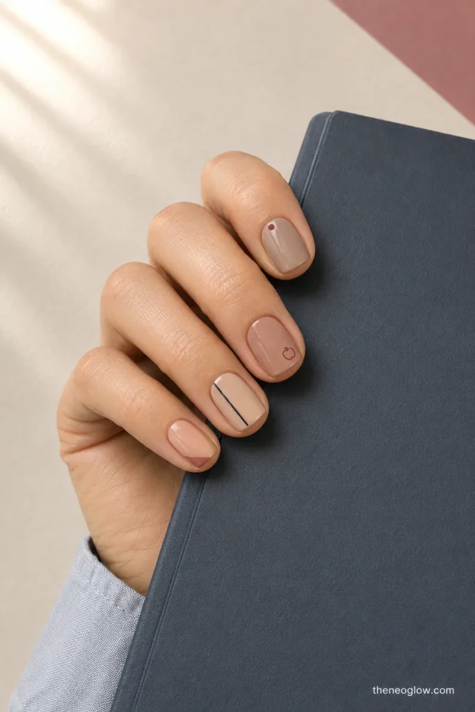 Short neutral nails with a slim line, cuticle dot, tiny apple outline, and dusty-rose corner accent.