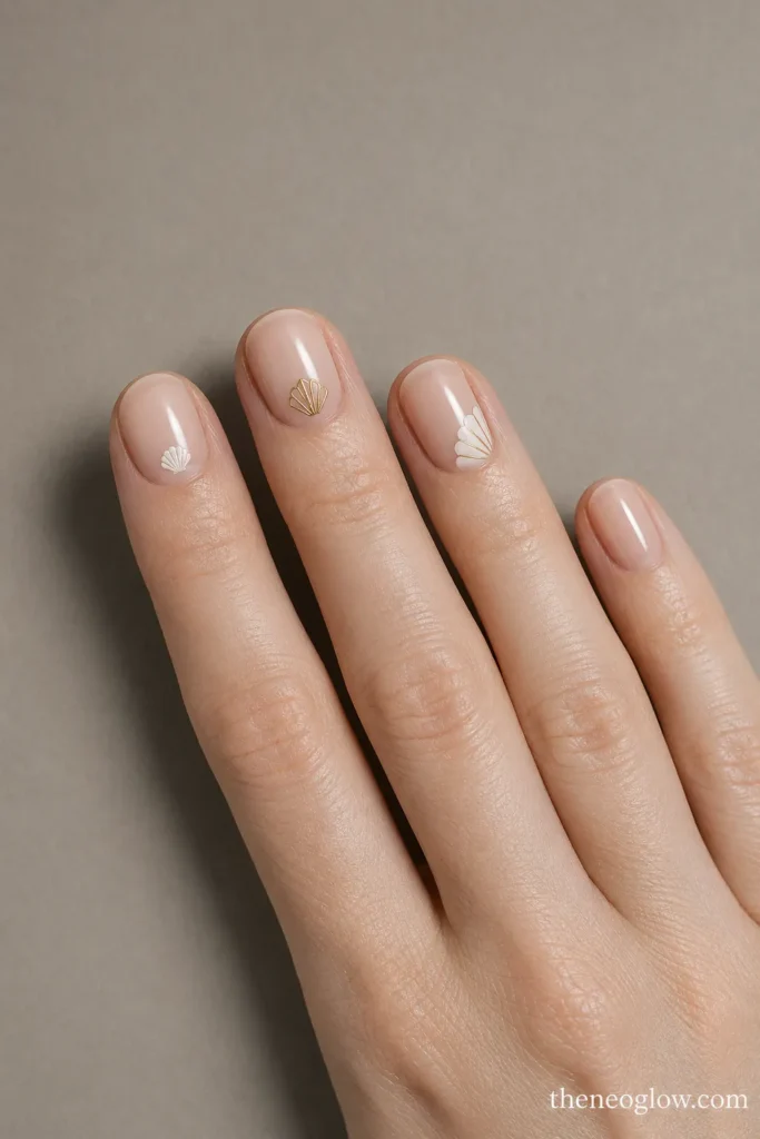 Short glossy nude nails with a white shell cuticle decal, a fine gold shell outline, and a cropped scallop corner.