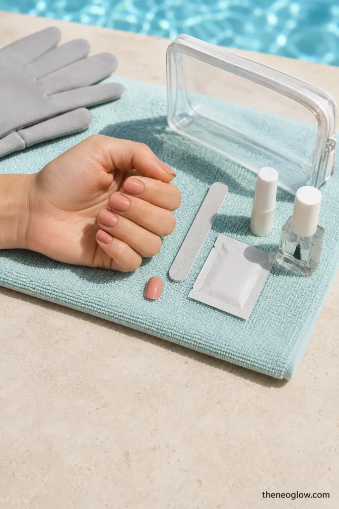 Short rosy press-on nails on a dry aqua towel beside gloves, a spare nail, mini file, topcoat, wipe, and adhesive.