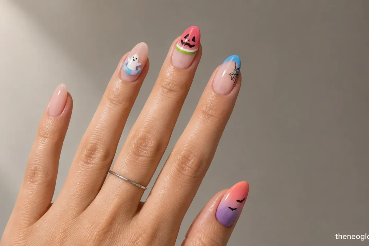 Medium almond nails with a ghost pool float, watermelon face, neon web, sunset bats, and a teal potion wave.