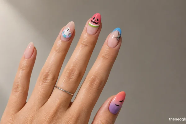 Medium almond nails with a ghost pool float, watermelon face, neon web, sunset bats, and a teal potion wave.