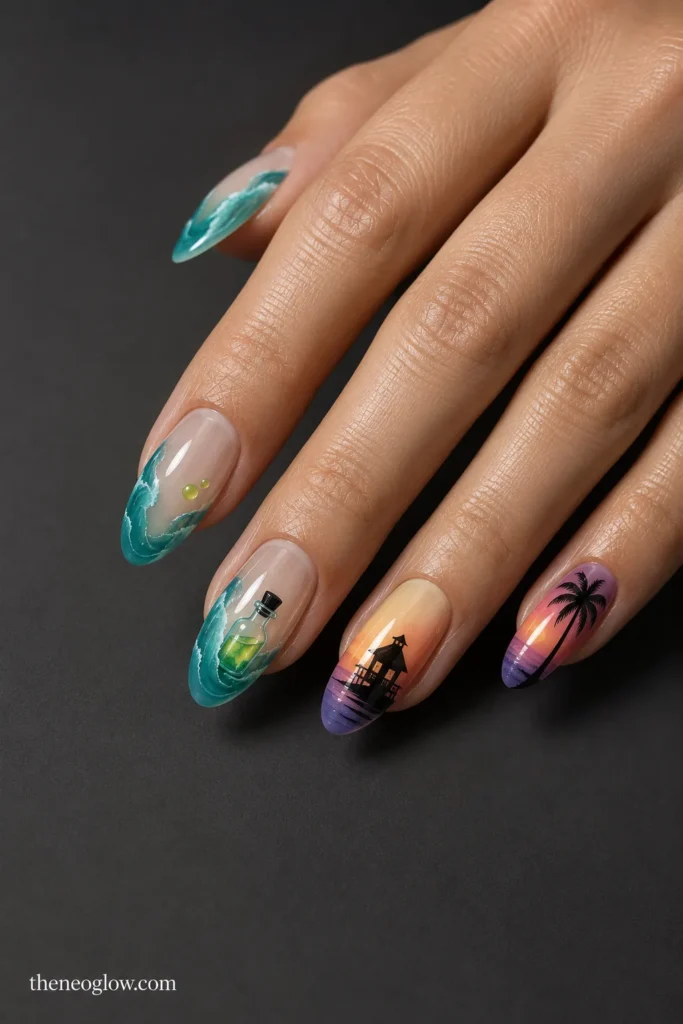 Teal surf-wave nails with lime potion details beside sunset nails with a beach house and palm silhouette.