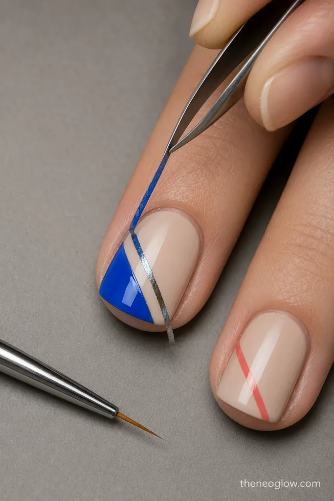 Tweezers lifting striping tape from a wet cobalt nail design to reveal a clean diagonal edge.