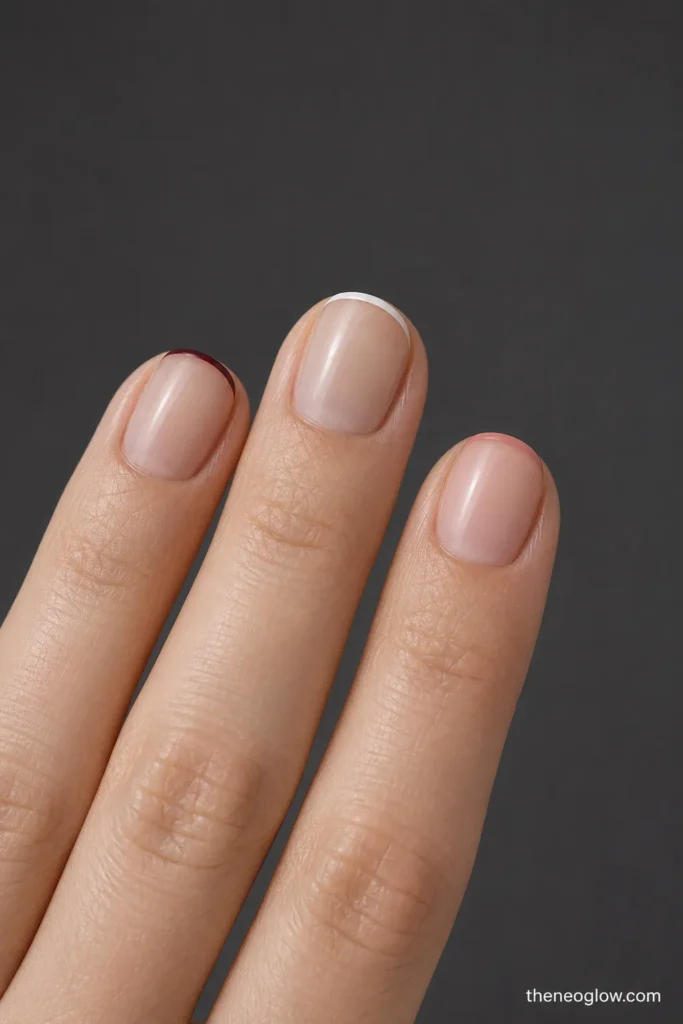 Three short nails with burgundy, white, and tonal-pink hairline French tips.