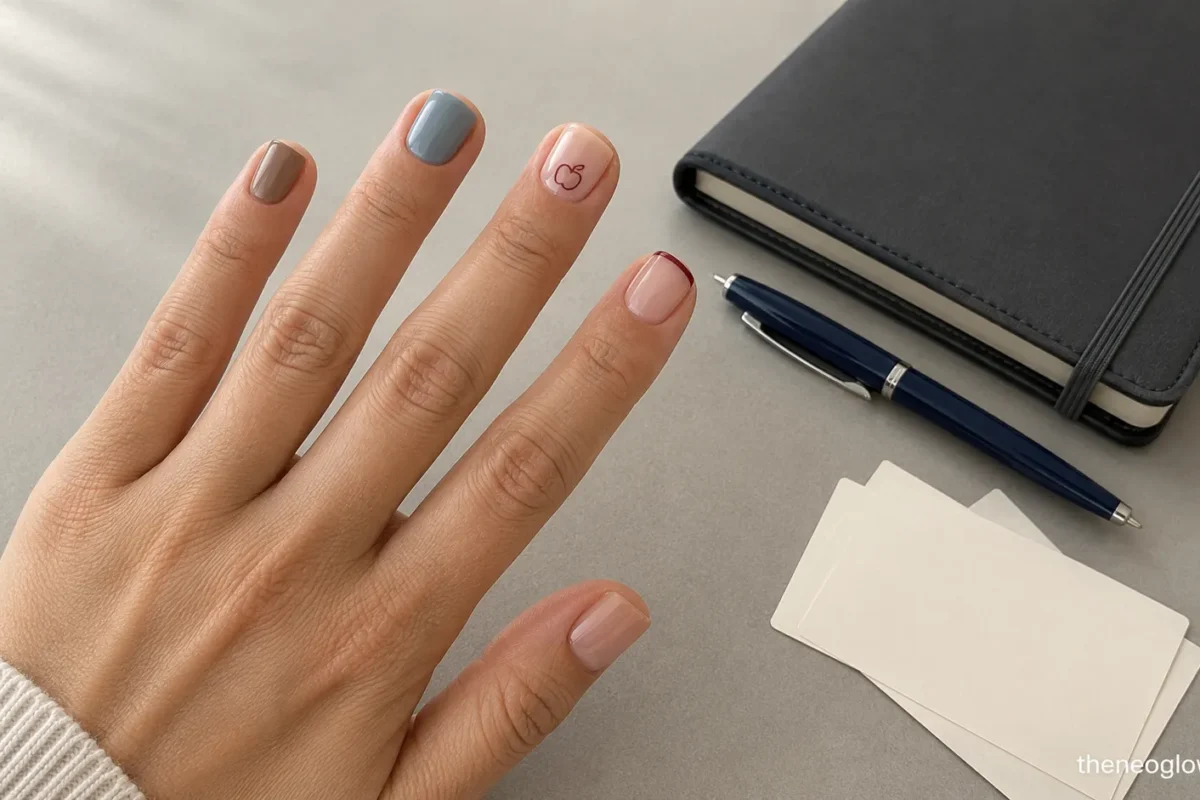Short teacher nails in rosy gloss, taupe, dusty blue, a burgundy micro French tip, and one tiny apple outline beside a classroom planner.