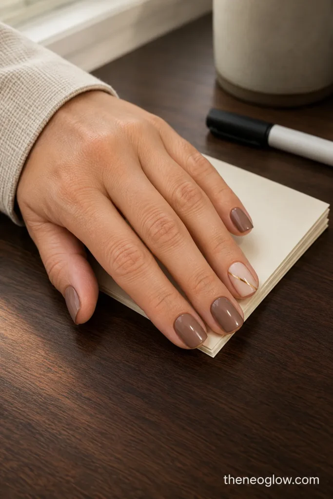Short mocha squoval nails with one milky-beige accent and a thin diagonal gold line on a teacher-style desk.