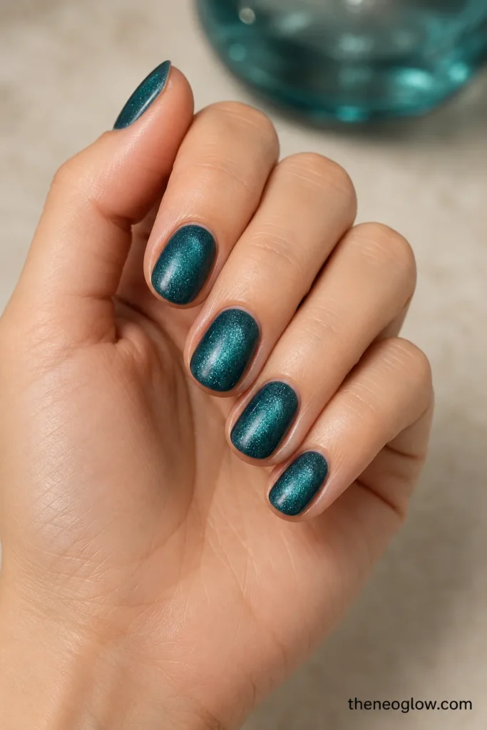 Short oval deep-teal nails with a diffuse velvet magnetic glow.