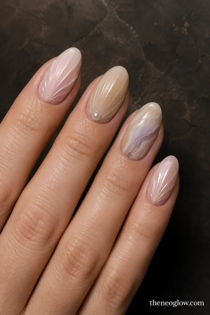 Pearly pink, sandy beige, oyster-marbled, and pearl-chrome shell textures on medium nails.