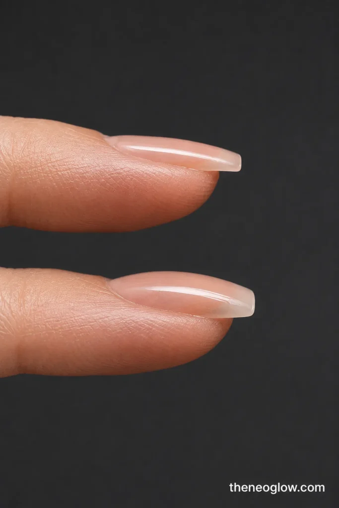 Two short beige nails in side view comparing a slim profile with a visibly bulky enhancement.