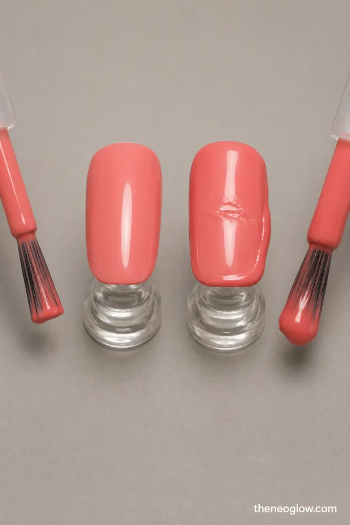 Two matching coral practice nails comparing a smooth thin coat with a thick pooled and dented coat.