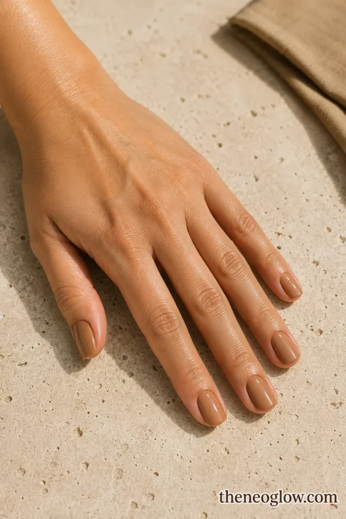 Warm toasted-almond cream polish on short squoval nails against beige stone on light-medium olive skin.