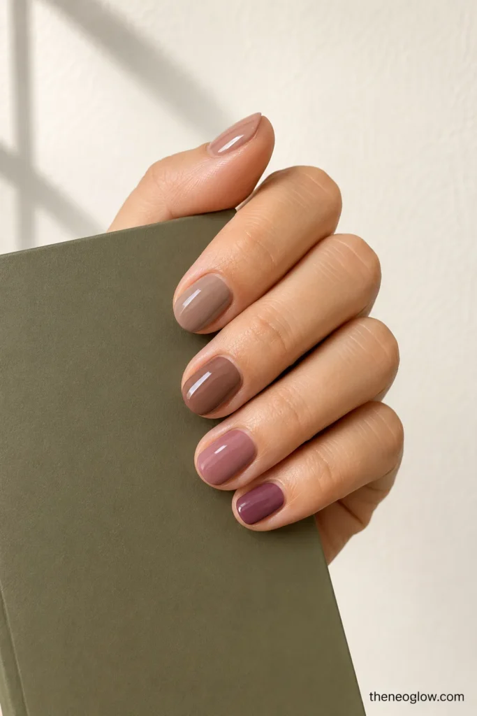 Short rounded nails in rosy beige, taupe, cocoa, mauve, and soft plum holding a muted olive notebook. college nails.