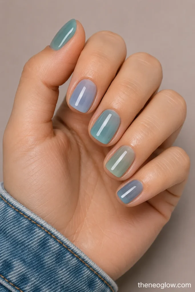 Short squoval nails in five translucent blue-green shades with matching glossy finishes.