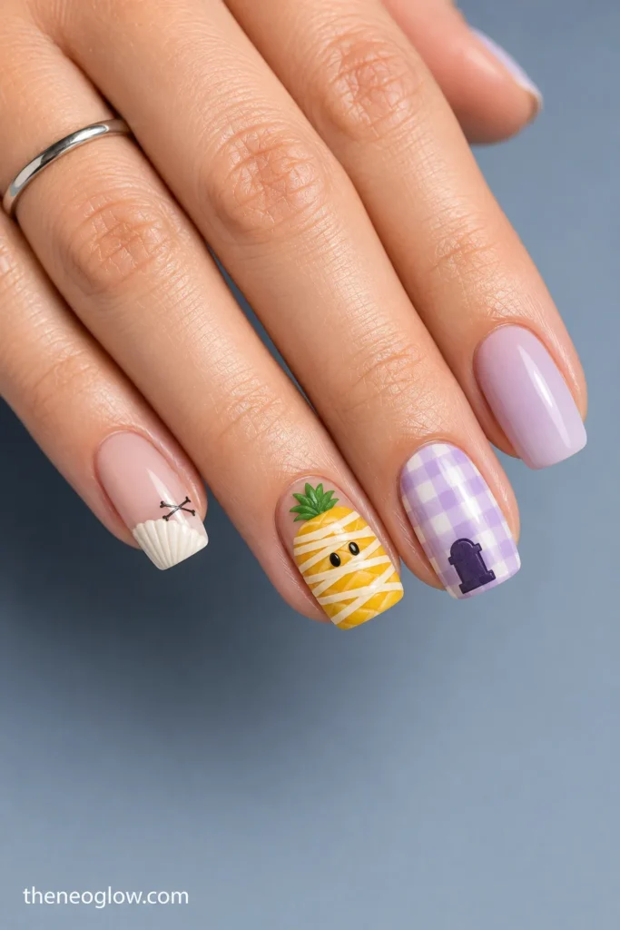 Squoval nails with seashell bone lines, a pineapple mummy, and lilac gingham headstone art.